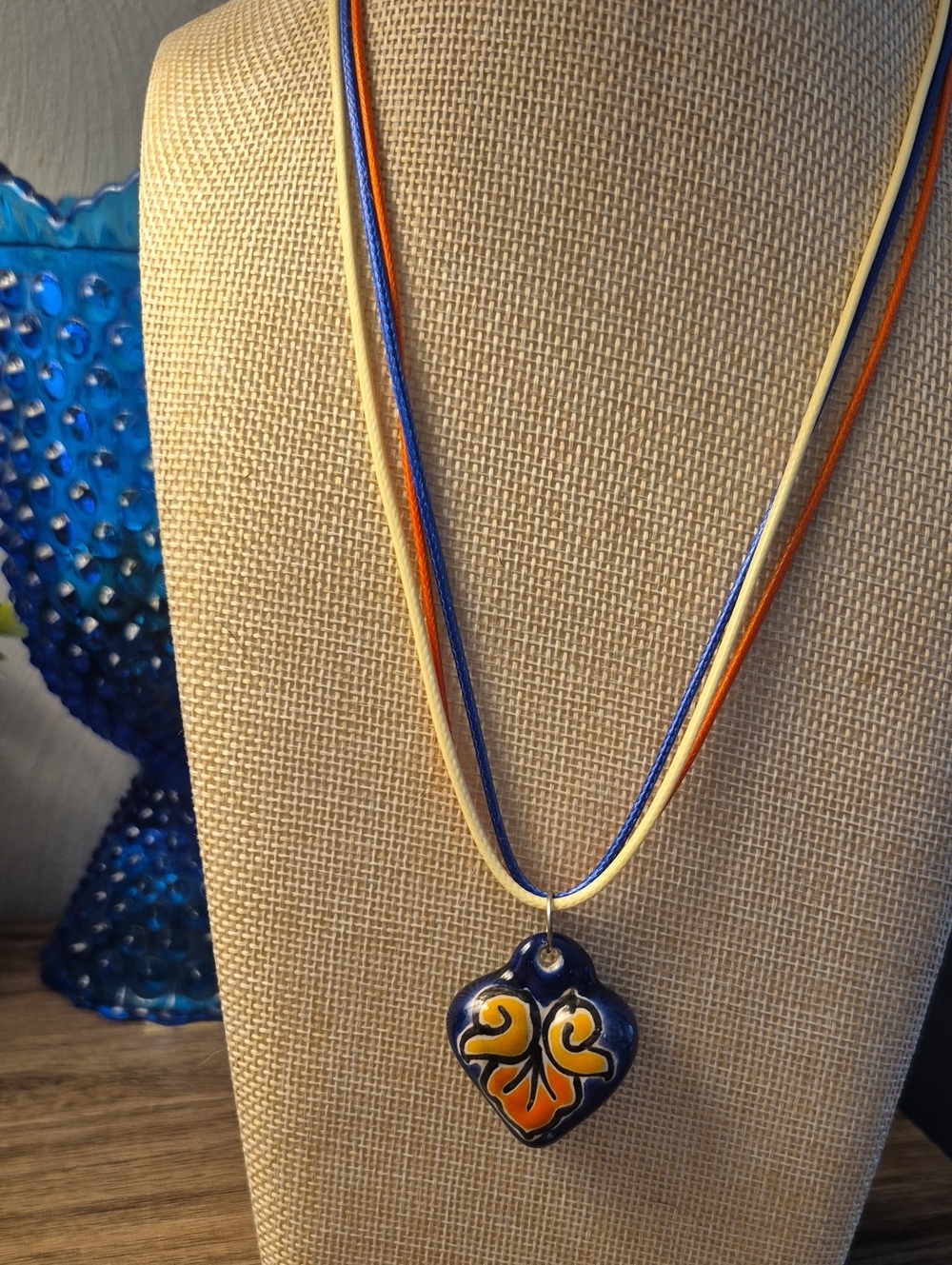 Vintage Ceramic Blue and Orange Leaf Heart Pendant Necklace